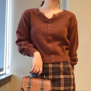 RESERVED | V-Neck Lace Embroidered Maroon Sweater